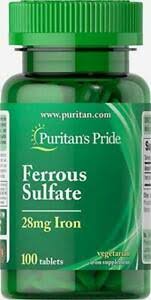 Puritan's Pride Ferrous Sulfate 28 mg 100 Tablets