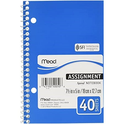 Mead Assignment Spiral Notebook 7 x 5 Inches