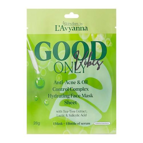 L'Avyanna Good Vibes Only Anti-Acne & Oil Control Complex Hydrating Face Mask Sheet With Tea Tree Extract, Lactic & Salicylic Acid 28 g x4